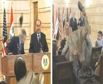 منتظر الزيدي الصحفي العراقي يقذف زوجي حذائه صوب الرئيس الأمريكي جورج بوش
